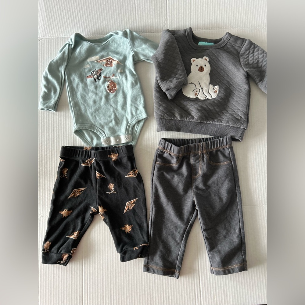 Pekkle 4x Baby Outfit Set with Bear and Airplane Designs